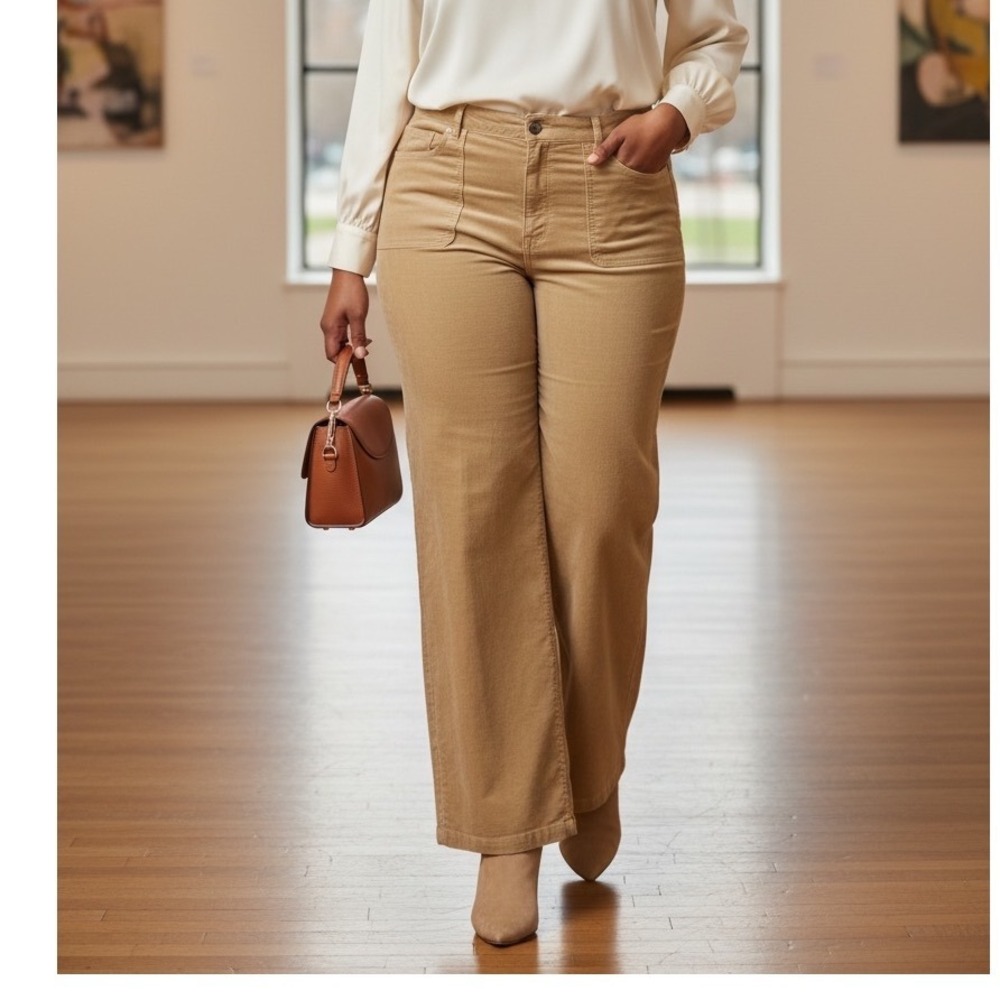 Coldwater Creek Tan Corduroy Wide Leg Pants High Rise‎ Size 18 Camel Brown